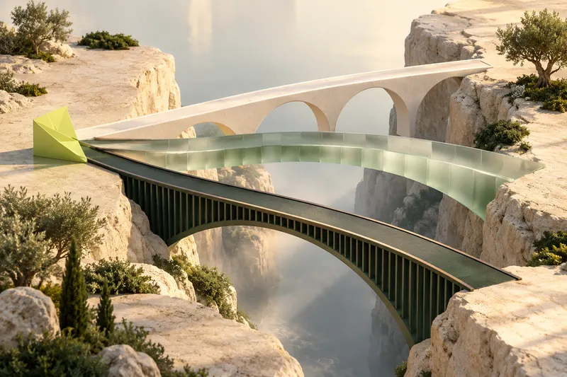 Three distinct stone, glass and green bridges offer different paths across the same gap.